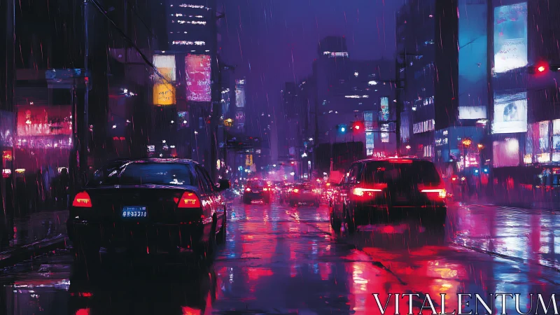 Neon soaked city street glows softly in the evening rain
