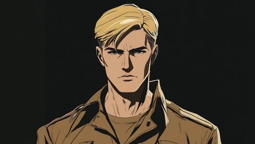 Blond male figure is rendered in stylized comic profile