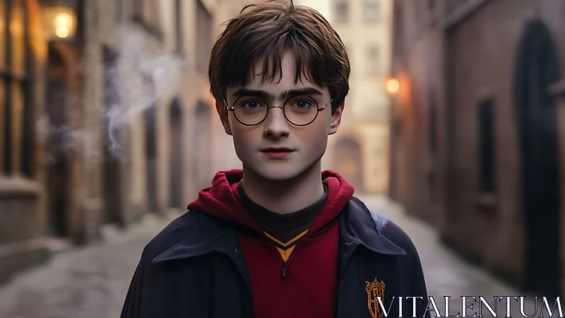 Young person in cloak stands in narrow cobbled alleyway