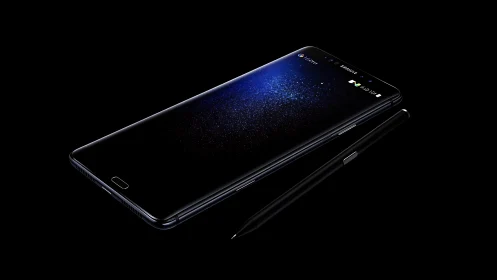 Samsung Galaxy Note with S Pen stylus against black backdrop.