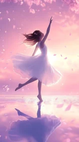 Petalkissed ballerina twirls across a pastel dreamlake.