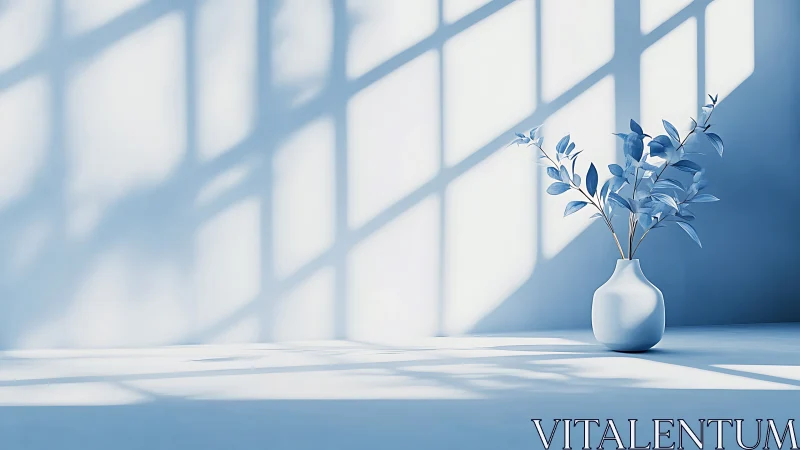 Minimalist ceramic vase with cool foliage in window light