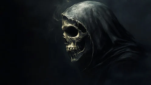 Side profile of hooded skeletal figure on dark background.