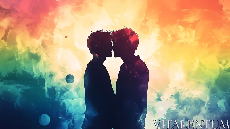 Two figures kissing against luminous watercolor sky.