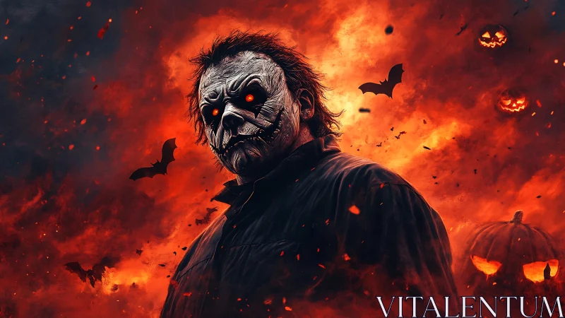 Masked ember-eyed fiend stalking a burning Halloween sky.