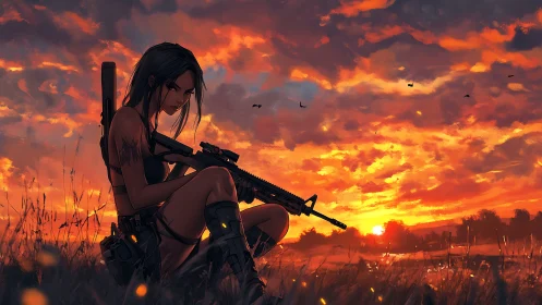 Battle-ready woman with rifle under blazing sunset sky.