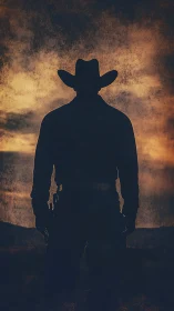 Cowboy silhouette dominates gritty sunset frontier sky