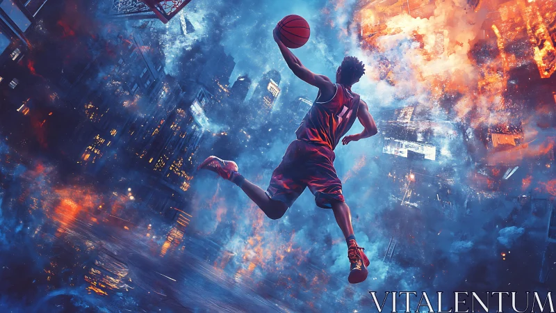 Hyperdynamic urban dunk within bifurcated fire‑ice skyline.