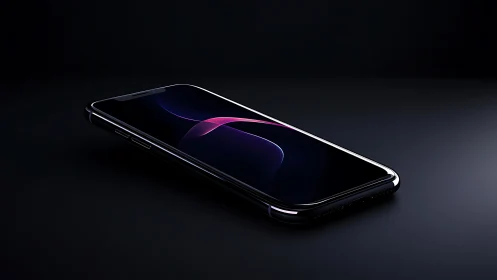 Black touchscreen smartphone on reflective dark surface.