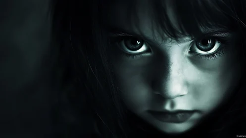 Child&rsquo;s face fills frame under harsh low key lighting