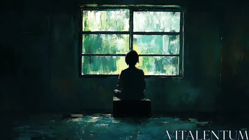 Quiet silhouette by a bright window, wrapped in soft hush.