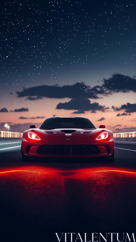 Red sports car cuts neon streak under starry dusk sky