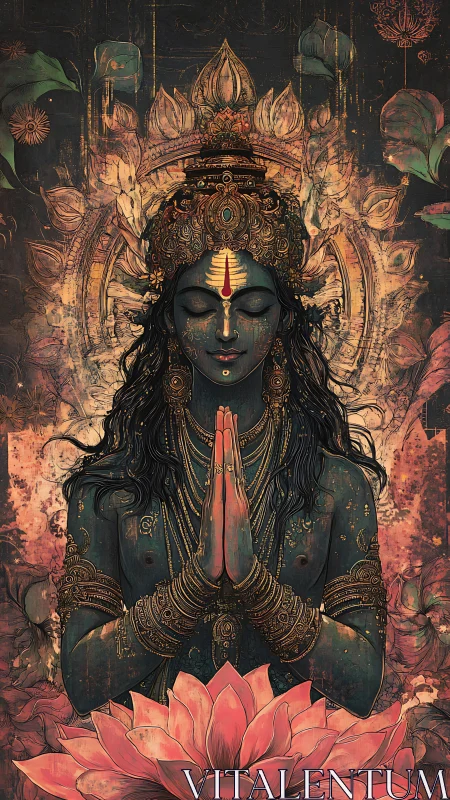 Lotus-clad cosmic muse in quiet midnight devotion.