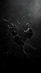 Shattered dark glass impact with radial fractured lines.