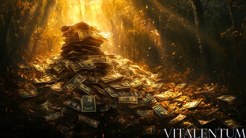 Golden forest treasure of scattered dollar bills glows brightly