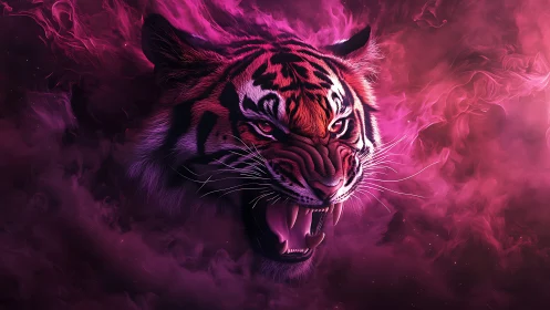 Snarling neon tiger emerging through swirling magenta smoke.