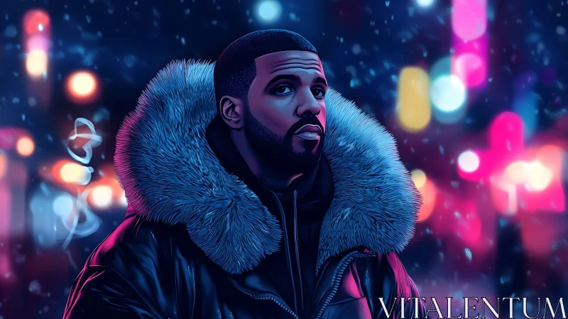 Neon city chill, fur-collared wanderer in winter glow.