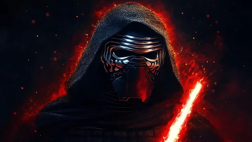 Masked dark warrior with fiery blade in red glow.