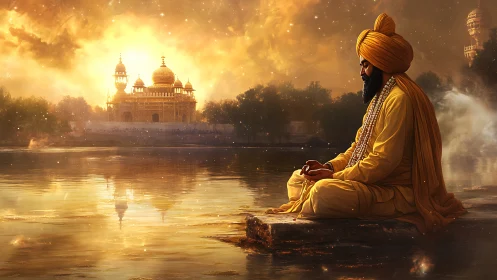 Meditating Sikh ascetic by luminous temple lake at sunrise