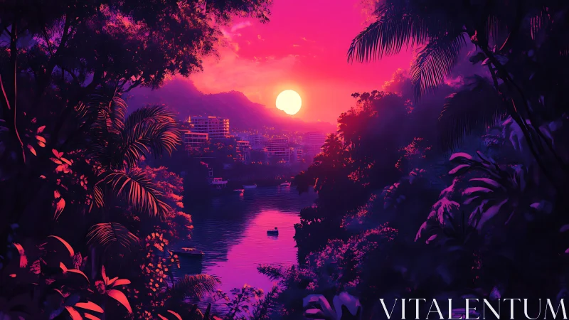 Neon tropical river sunset with silhouetted foliage framing.