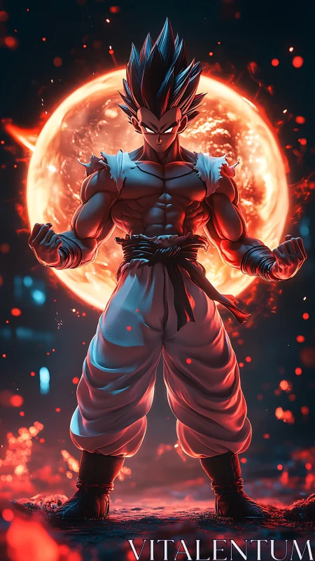 Anime warrior silhouette before flaming celestial core.