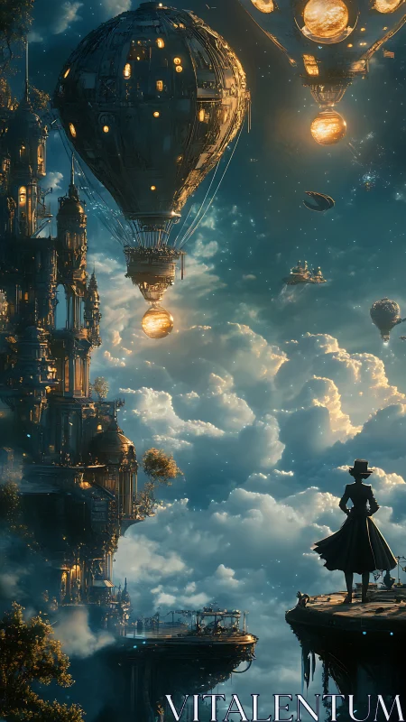 Steampunk aerostat armada over stratified cloud metropolis.