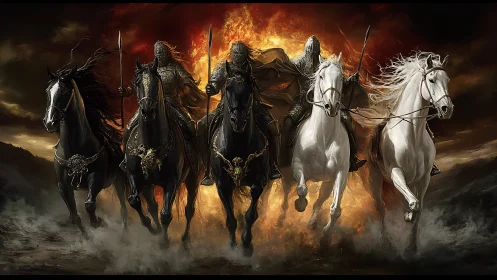 Four armored riders on warhorses before burning sky.