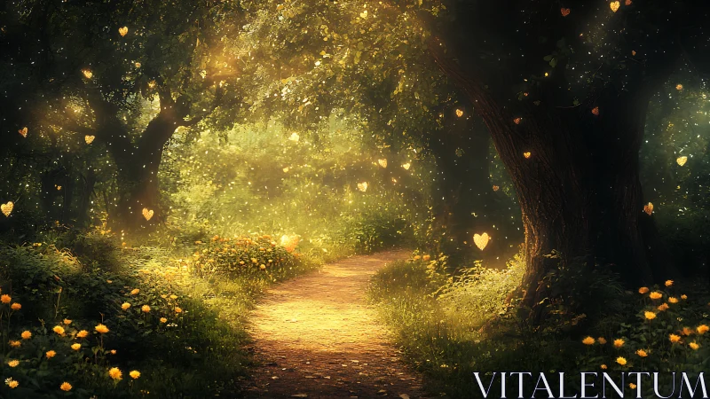 Luminescent Forest Path with Golden Heart Particles and Blooming Wildflowers.