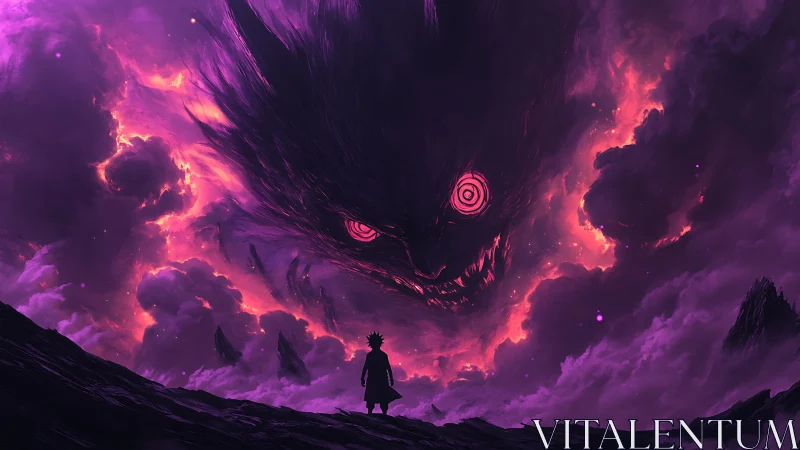Demonic nebula looms above lone warrior in violet storm sky.