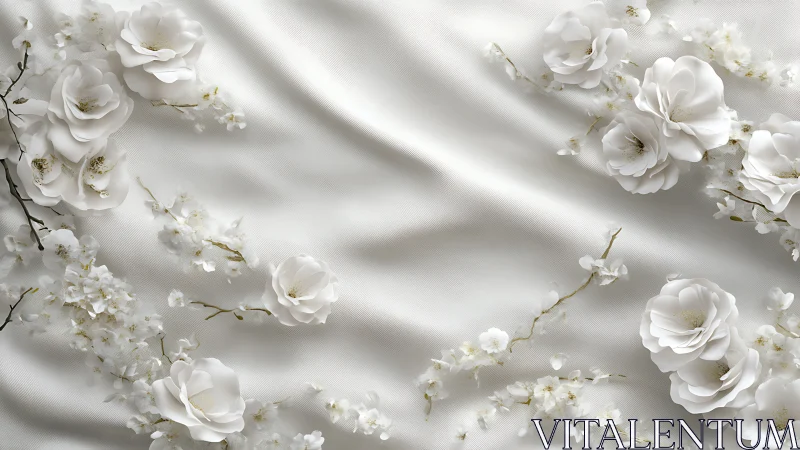 White Roses and Blooms on Elegant Silk Fabric