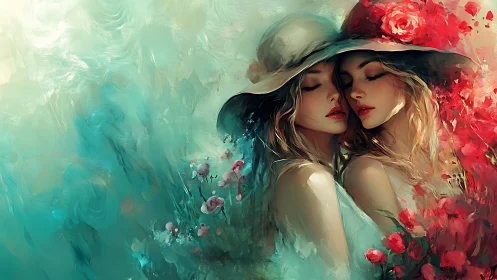 Twin Souls in Floral Reverie with Red Roses.