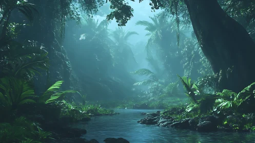 Luminescent Jungle Ravine: Atmospheric Subcanopy Stream Vista.