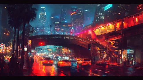 Rainy neon city intersection shows dense traffic and bridges