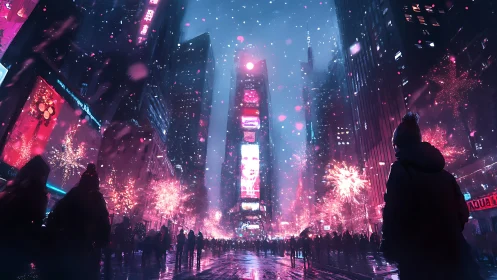 Neon winter crowd under pink fireworks in a dreamlike city.