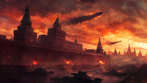 Burning fortress skyline under a storm of falling fire.