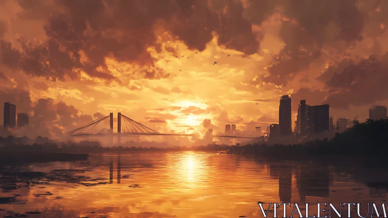 Sunset illuminates cable bridge and city skyline over river