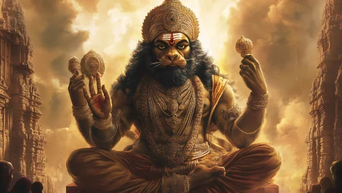 Divine monkey god seated in golden temple atmosphere.