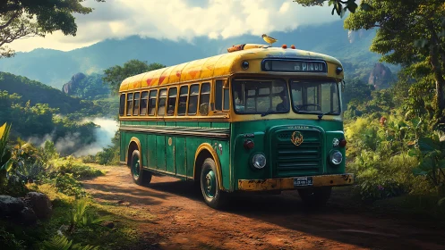 Vintage rural bus travels on unpaved forest road