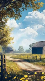Sunlit country lane winding past barns and wildflowers.