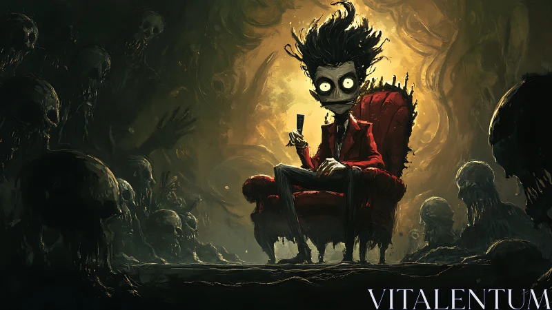 Eccentric skeletal host lounging in a throne of shadows.