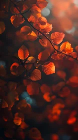 Backlit autumn foliage with shallow depth and warm bokeh glow.