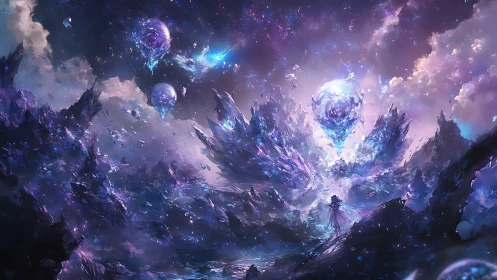 Starlit wanderer greets crystal worlds in a cosmic bloom