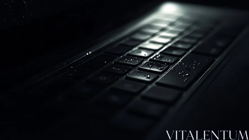 Close-up of wet laptop keyboard in low directional light.