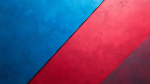 Diagonal red and blue textured panels intersect in bold contrast.