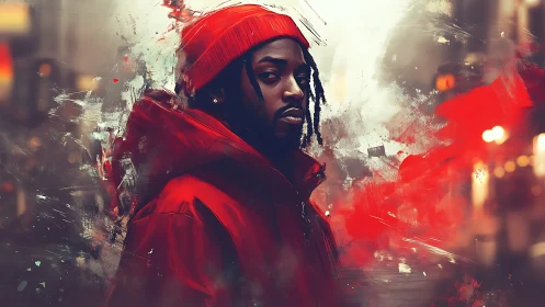 Digital painting portrait in red with urban abstract motion field.