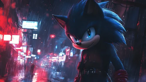 Anthropomorphic blue hedgehog in neon‑lit rainy cyberpunk alleyway