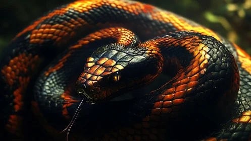 Coiled black and orange snake glows under dramatic light