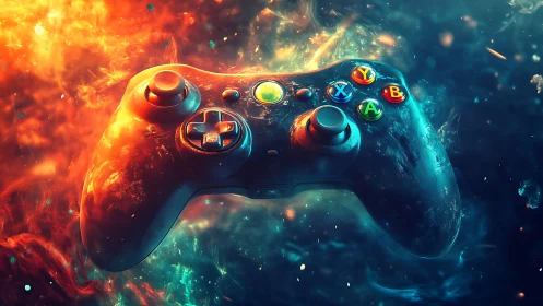 Gaming controller suspended in fiery and icy nebula glow.