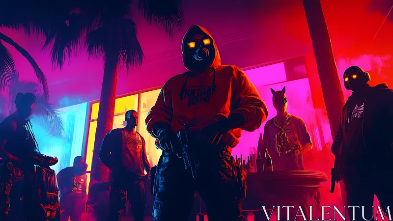 Hooded masked figures stand armed in neon-lit urban courtyard