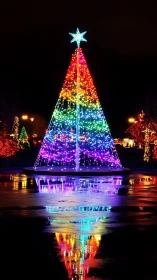 Rainbow holiday tree glowing with joyful night reflections.